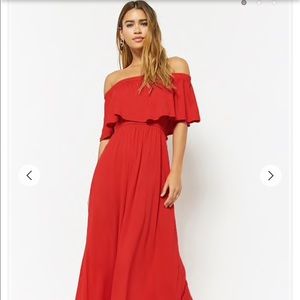 Red Flounce Off the Shoulder Maxi Dress